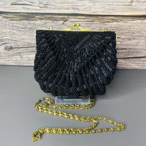 Vintage 1960s La Regale Black Beaded Clam Shell Evening Bag, Sparkly Purse